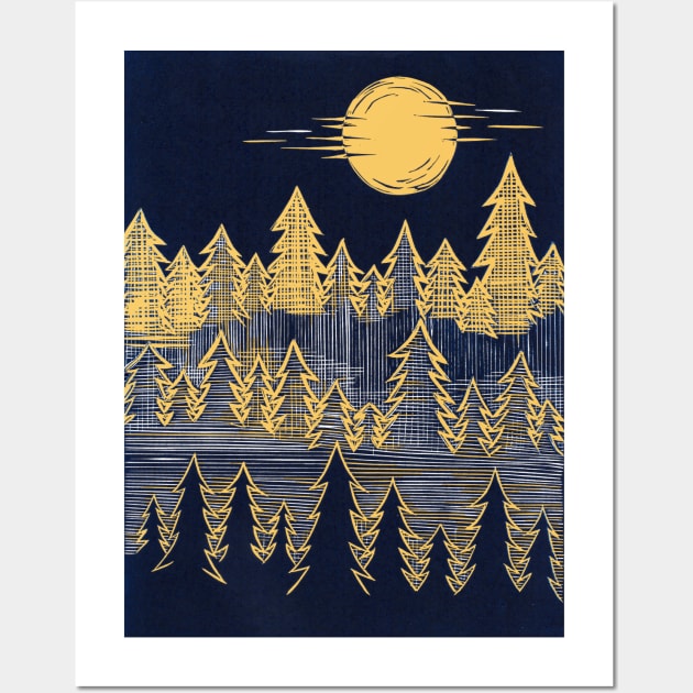 Misty, Moonlit Trees Linocut in Blue and Yellow Wall Art by Maddybennettart